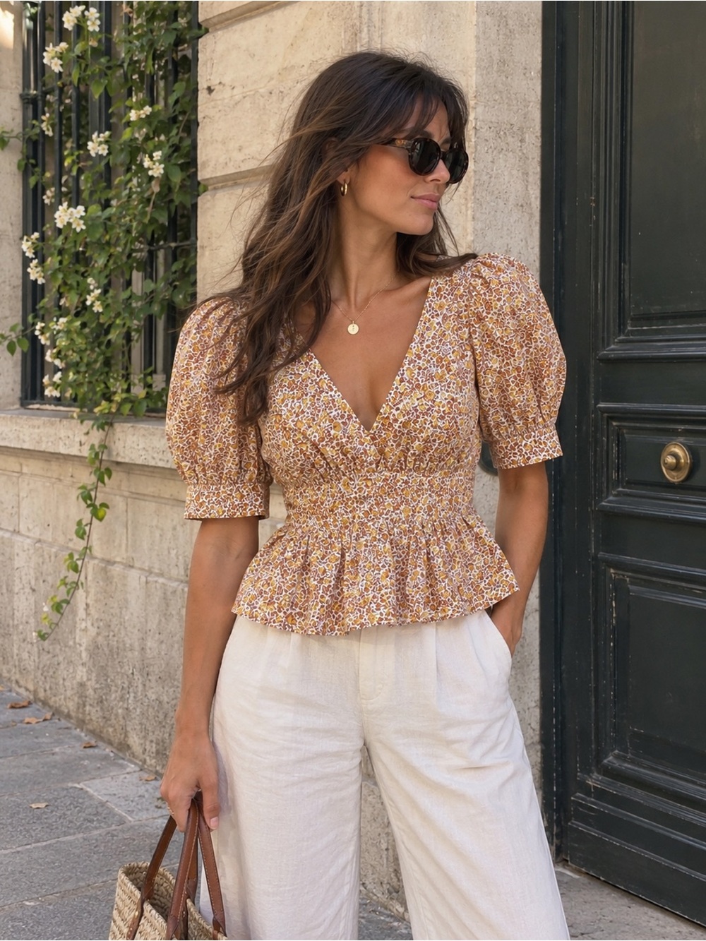 J.Crew Romantic Floral Print Cotton Peplum Blouse Puff Sleeve Tie Back Top 2